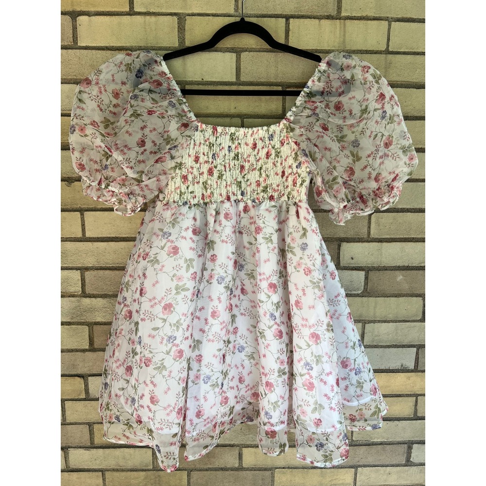 Audrey Parks Francesca's Floral Puff Sleeve Organza Mini Babydoll Dress XS - Picture 7 of 7